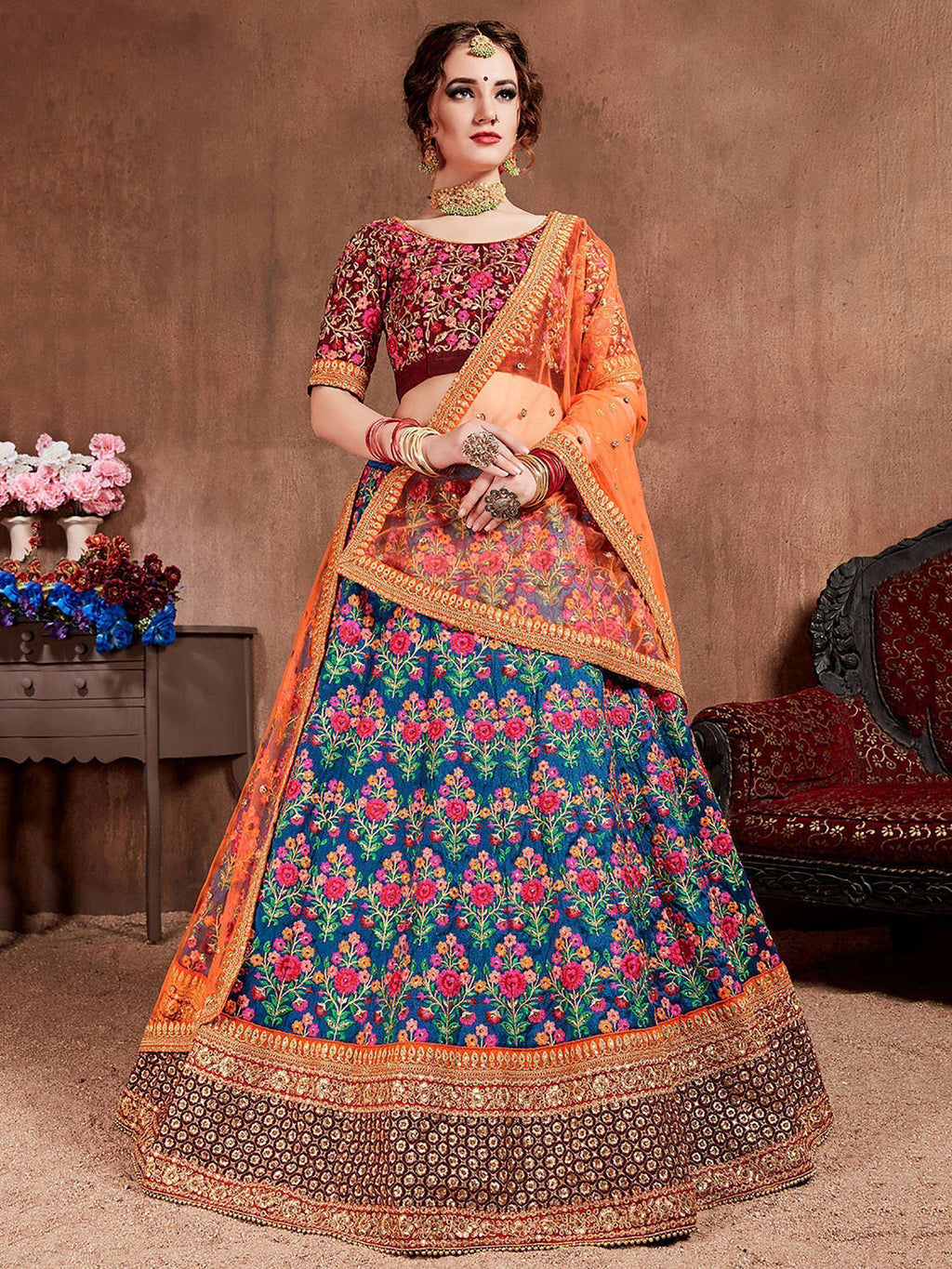 Tulsi Art Navy Blue Embroidered Mulberry Silk Bridal Lehenga Choli With Dupatta | Grocsy