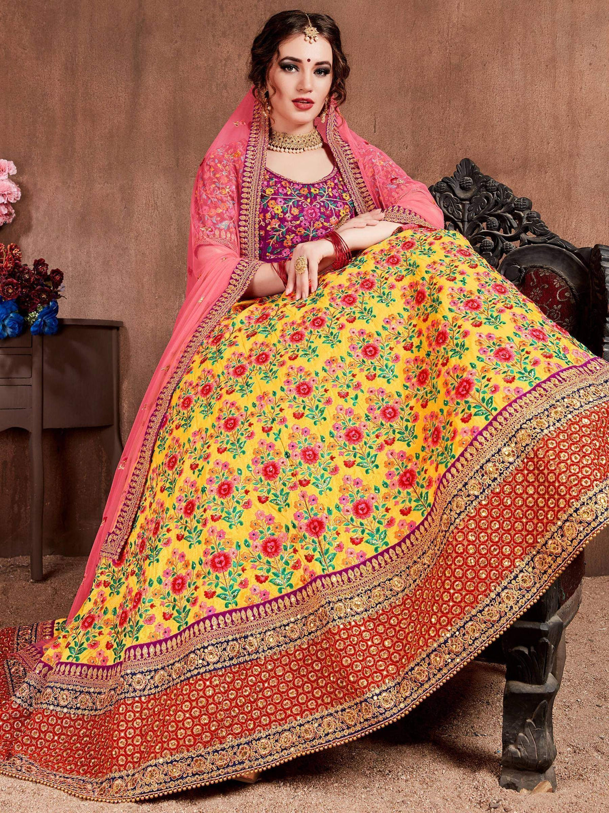Tulsi Art Yellow Embroidered Silk Bridal Lehenga Choli With Dupatta | Grocsy