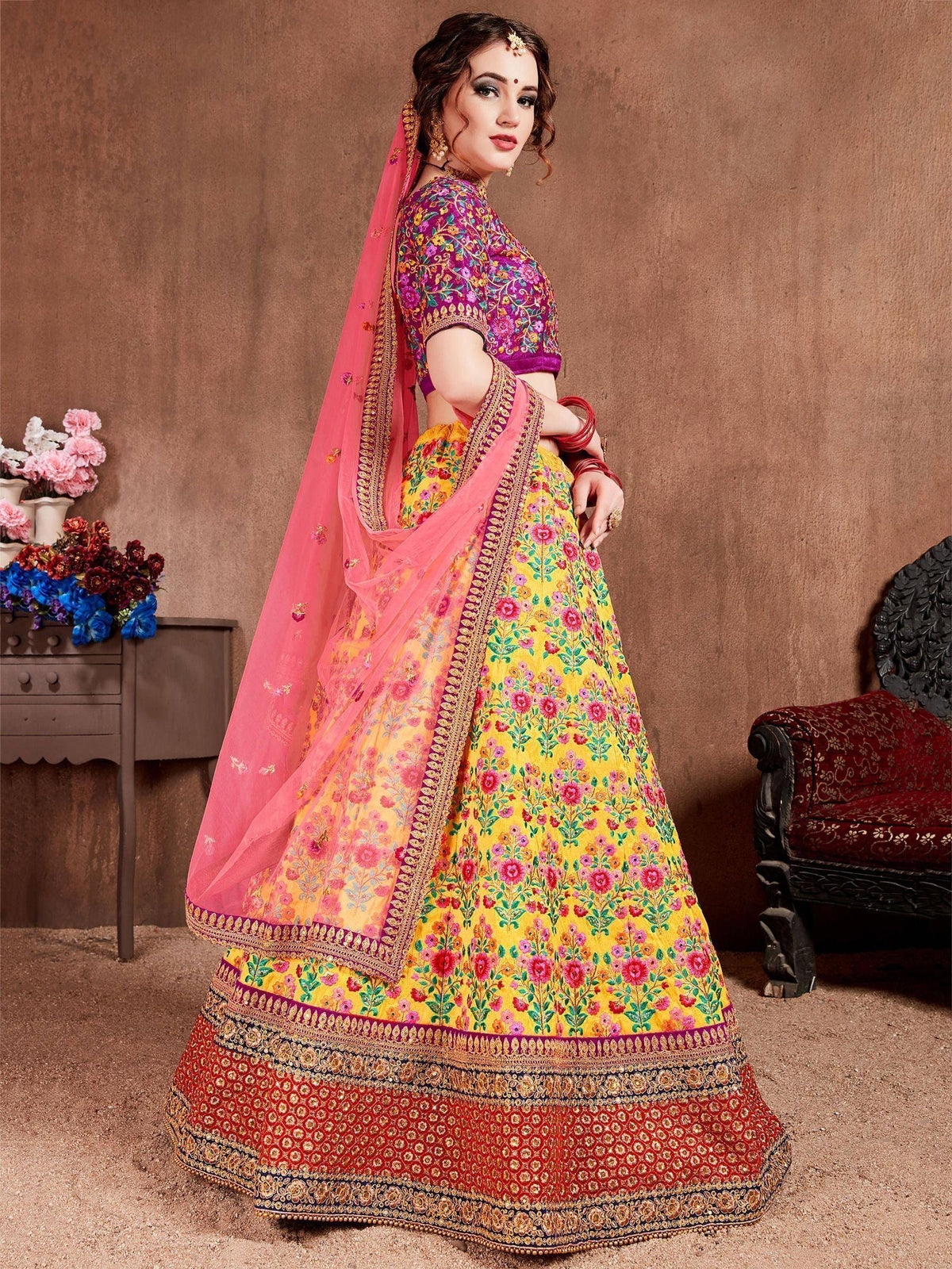 Tulsi Art Yellow Embroidered Silk Bridal Lehenga Choli With Dupatta | Grocsy