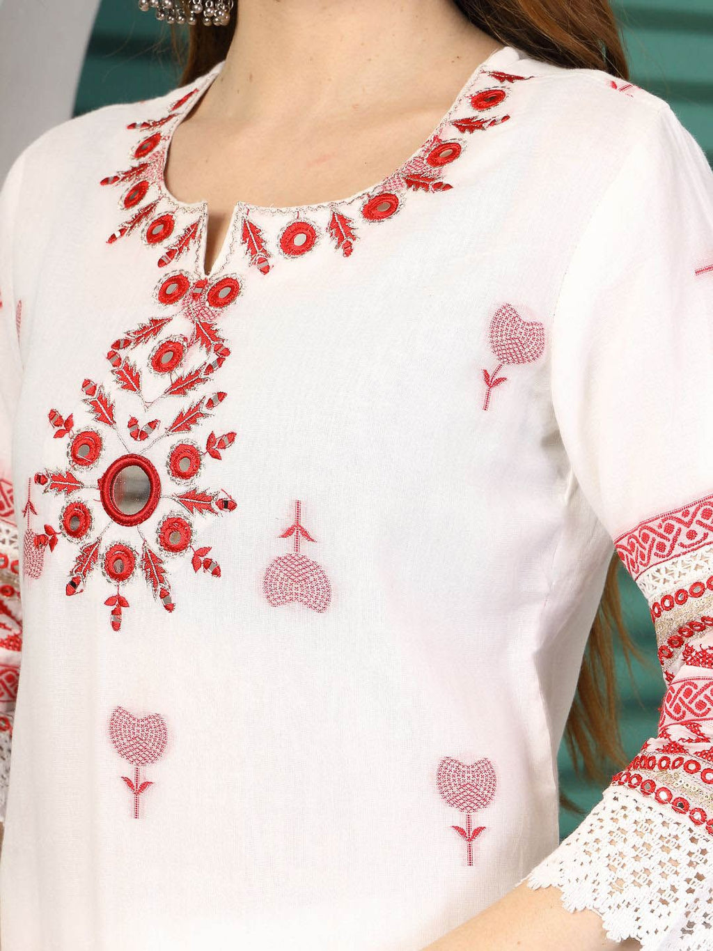 Sangria White Ethnic Motifs Embroidered Notch Neck Cotton Kurta With Trouser & Dupatta | Grocsy