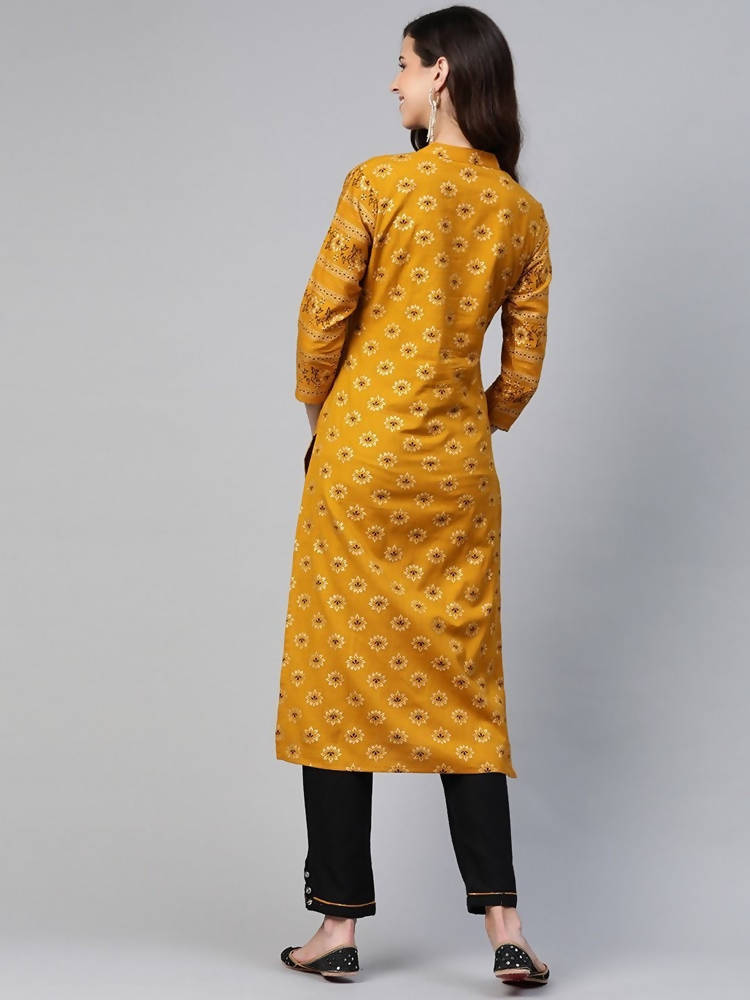 Yufta Women Mustard Yellow & Black Ethnic Motifs Printed Pure Cotton Kurta with Trouser | Grocsy