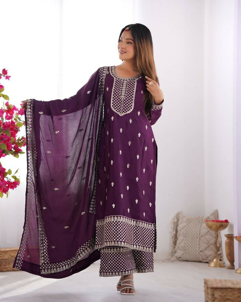 Teeya Creation Wine Color Pure Chinnon Silk Embroidery Work Functional Wear Salwar Suit | Grocsy