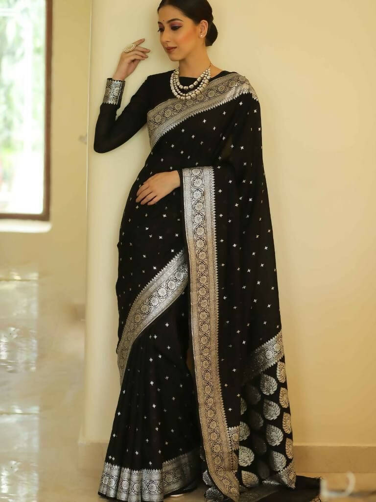 DEIANA'S Beautiful Designer Golden zari Soft Lichi Silk Saree - Black | Grocsy
