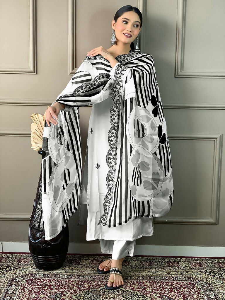 White Viscose chanderi Stitched Suit With Dupatta - Tanisha | Grocsy