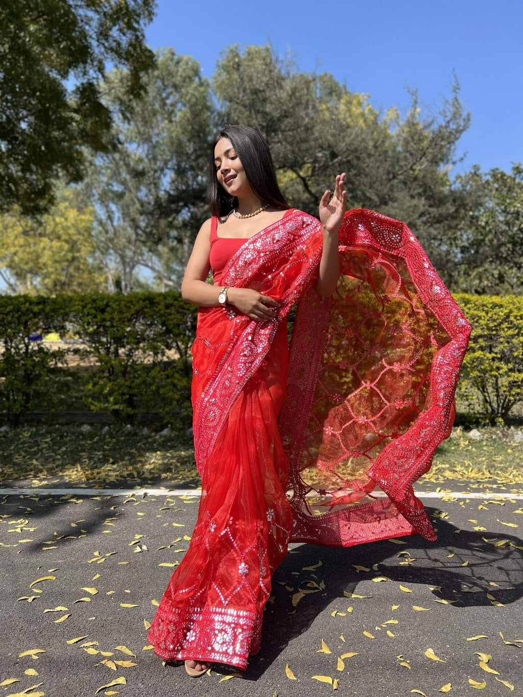 Vamsee Naina Red Organza Saree | Grocsy