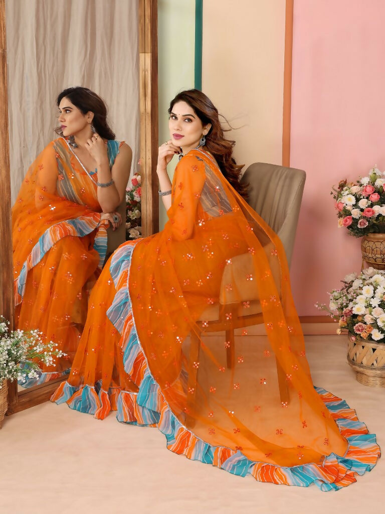 Partywear Designer Orange Net Fancy Saree - Dyuti | Grocsy