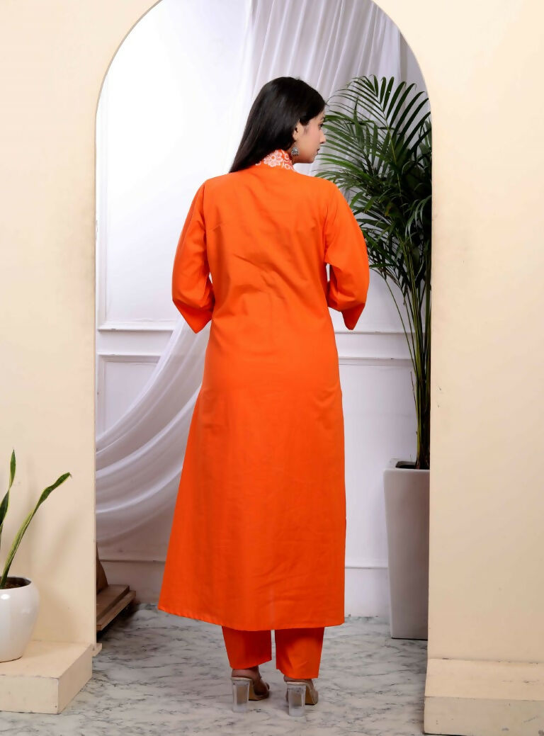 Miravan Women's Orange Cotton Embroidered A-Line Style Kurta And Palazzo | Grocsy