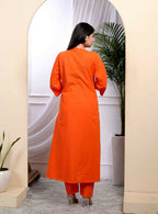 Miravan Women's Orange Cotton Embroidered A-Line Style Kurta And Palazzo | Grocsy