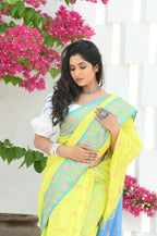 Beatitude Yellow Slub Cotton Floral Jamdani Saree | Grocsy