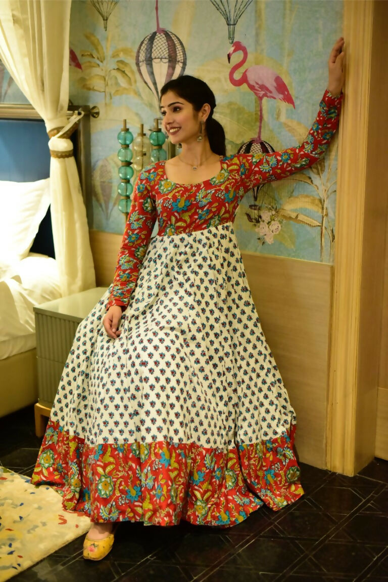 Jyoti Fashion Women's Off White Heavy Digital Printed Cotton Silk Anarkali Dress | Grocsy