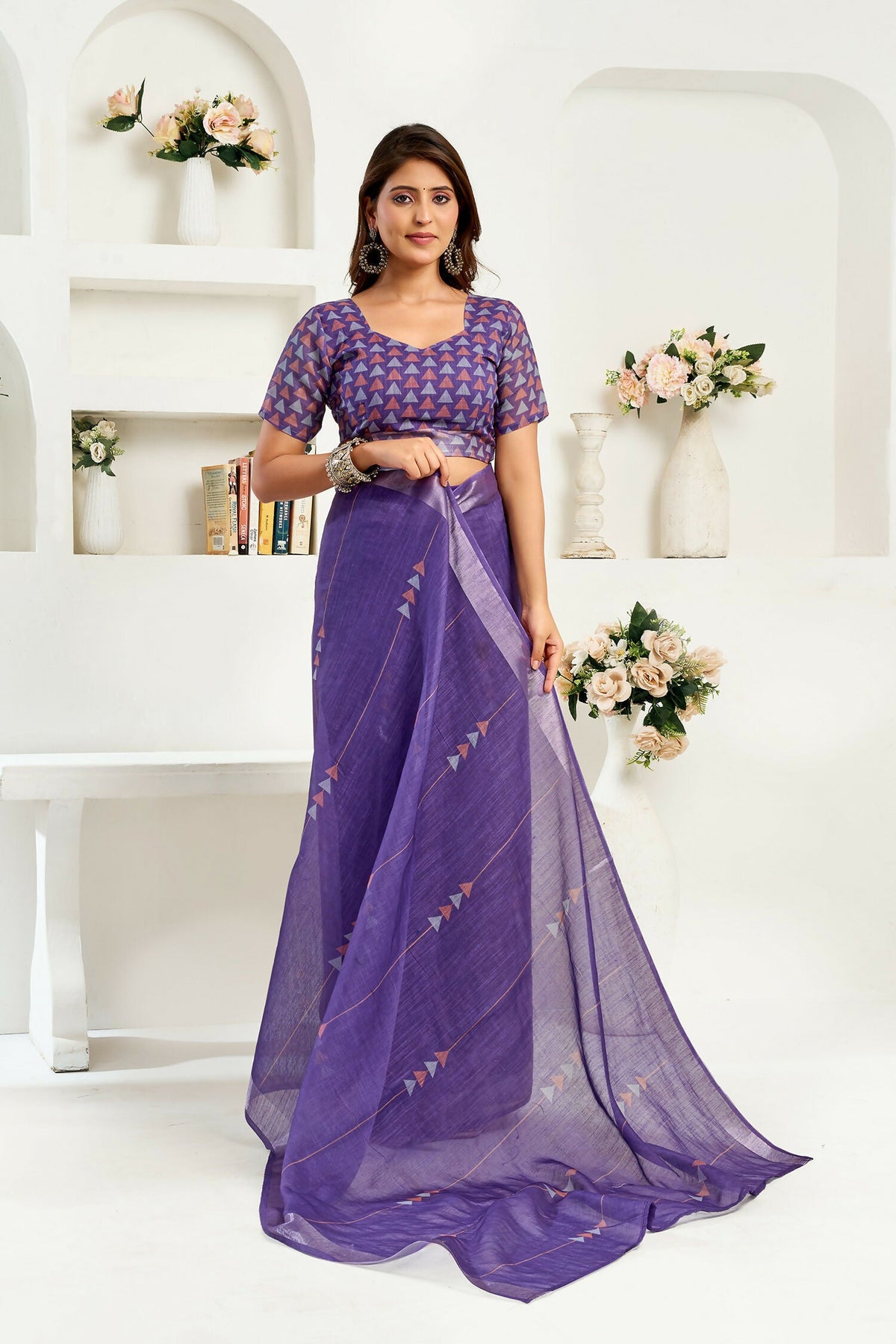 Joban Fashion Purple Geomatric Linen Ready To Wear Saree With Unstitched Blouse | Grocsy