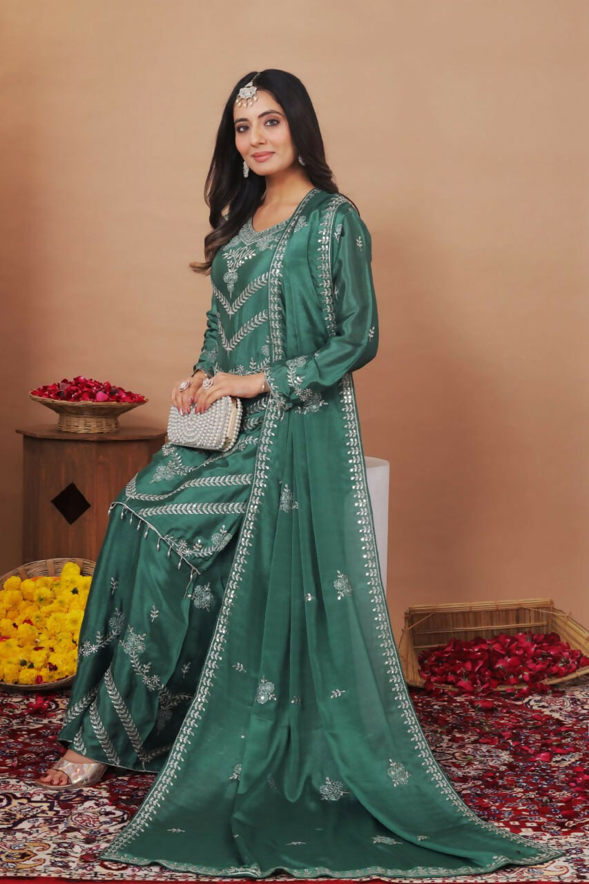 Teeya Creation Green Color Chinon Silk Wedding Wear Trending Palazzo Set | Grocsy