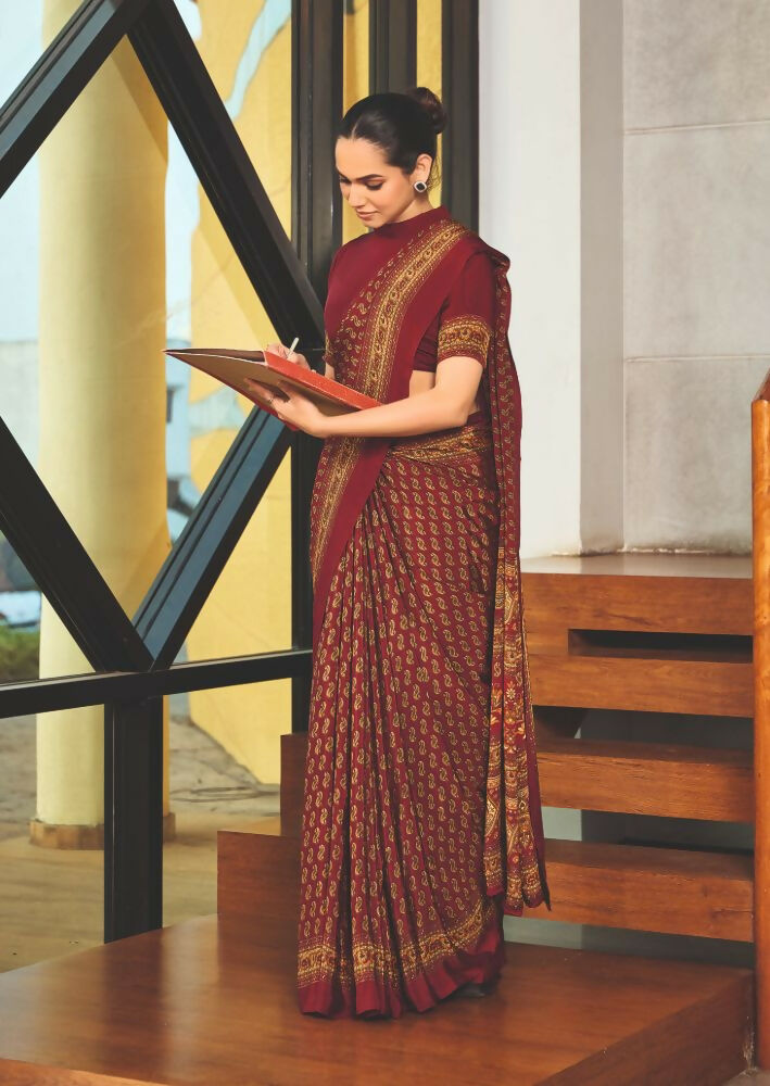 Joban Fashion Red Crepe Silk with Traditional Print Saree | Grocsy