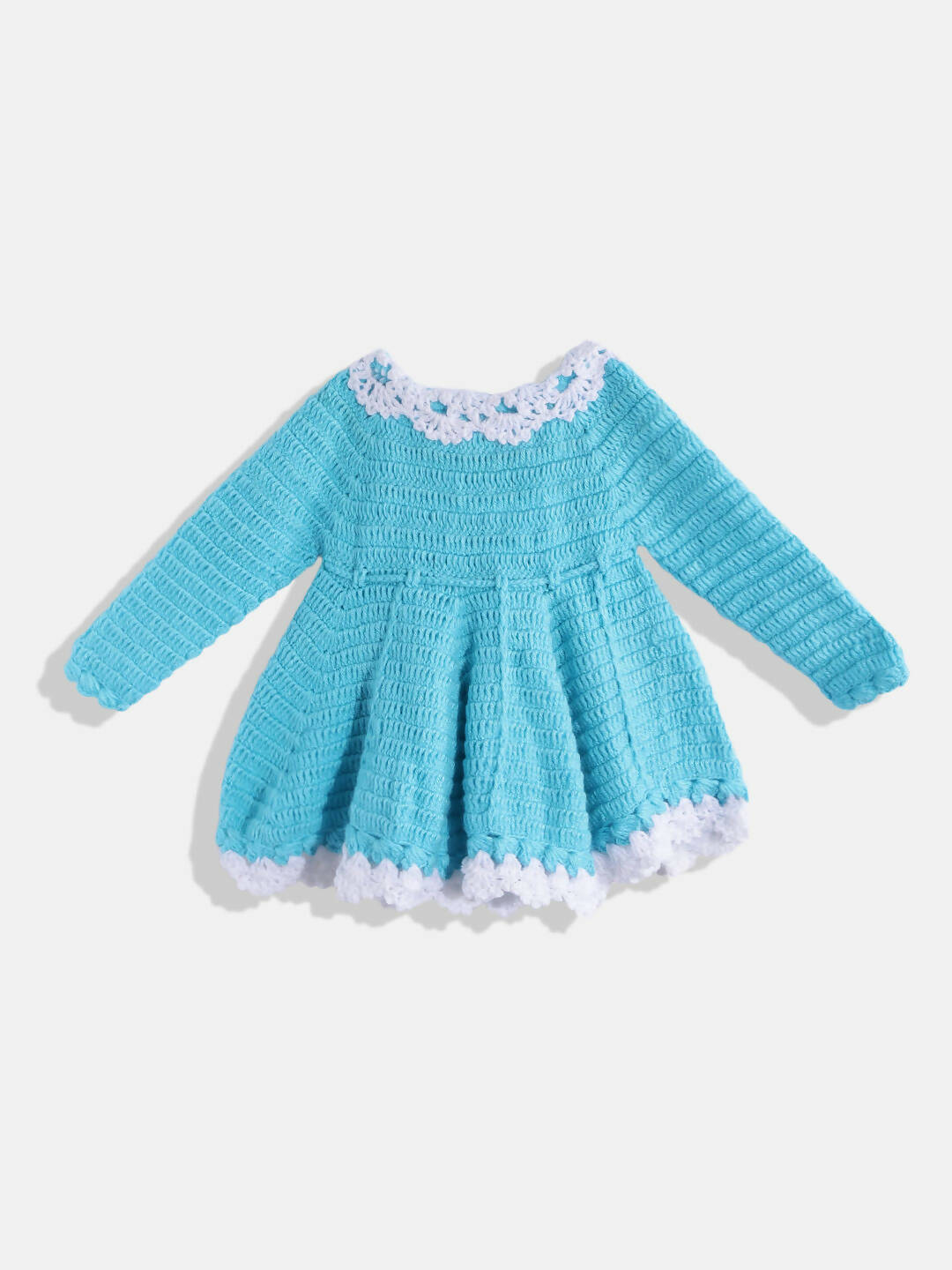 Chutput Kids Woollen Hand Knitted Full Sleeves Flower Work Dress For Baby Girls - Blue | Grocsy