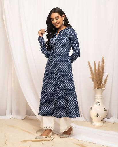 FIORRA Women's Floral Printed Navy Blue Cotton A-Line Kurta | Grocsy