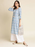 Blue Linen Floral Printed Straight Fit Kurta - Prasuti | Grocsy