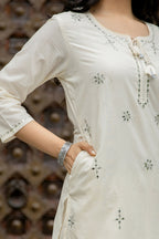 Kaajh Women's Off White Mirror Embellished Cotton Suit Set | Grocsy
