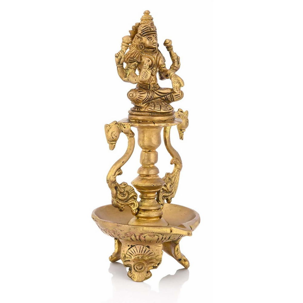 CraftVatika Brass Antique Laxmi Diya Oil Lamp Statue Lakshmi Peacock Puja Dia Table Diya Brass Table Diya | Grocsy