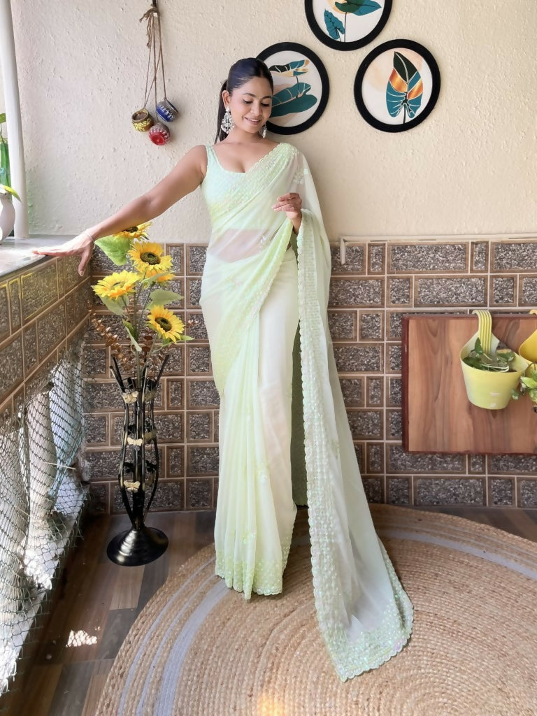 Green Georgette Sequence Embroidery Cut Work Saree - Saadia | Grocsy