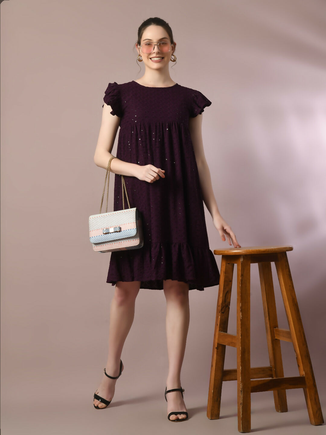Myshka Women's Violet Embroidered Cotton Round Neck A-Line Party Dress | Grocsy