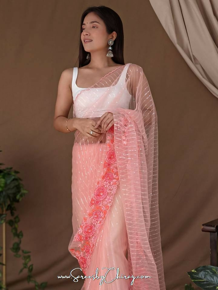 Vamsee Murari Peach Super Net Saree | Grocsy