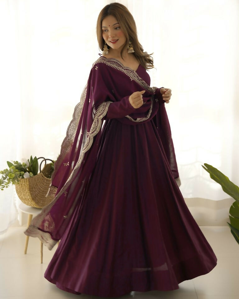 Teeya Creation Wine Color Pure Roman Silk Chanderi Party Wear Fully Stitched Gown | Grocsy