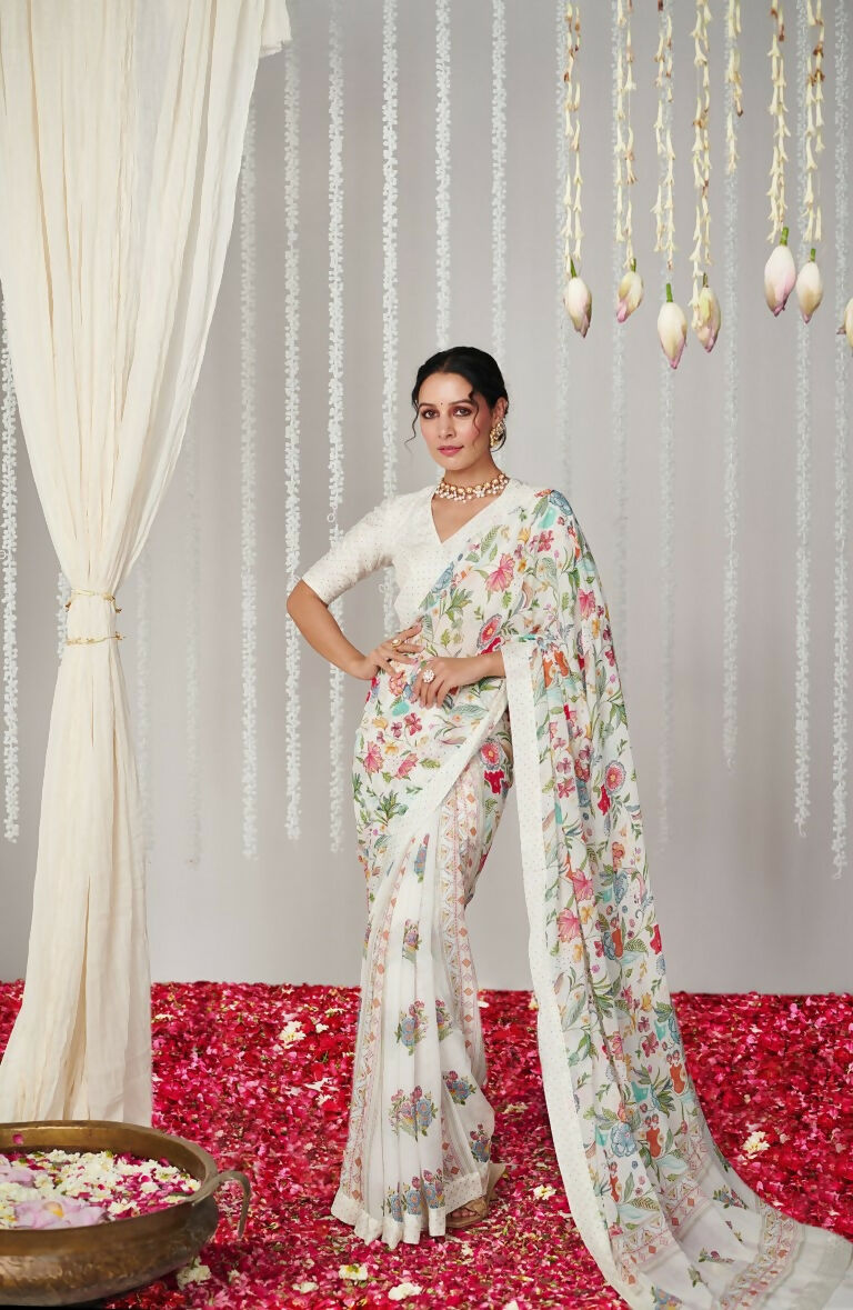 Partywear Designer White Bright Moss Fancy Saree - Durga | Grocsy