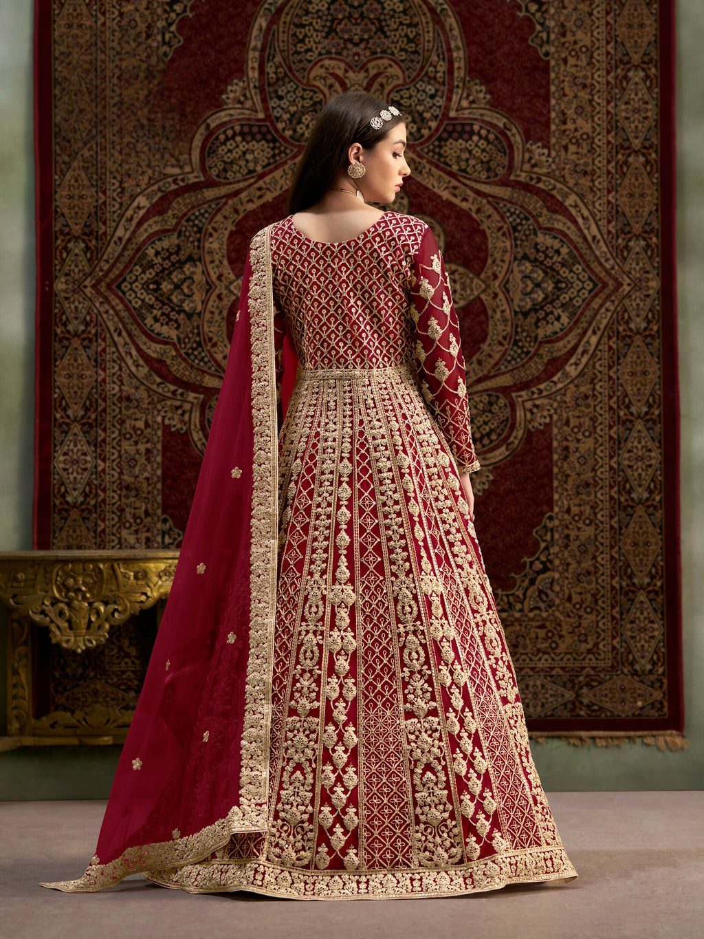 Anaita Maroon Embroidered Net Stitched Anarkali Suit | Grocsy