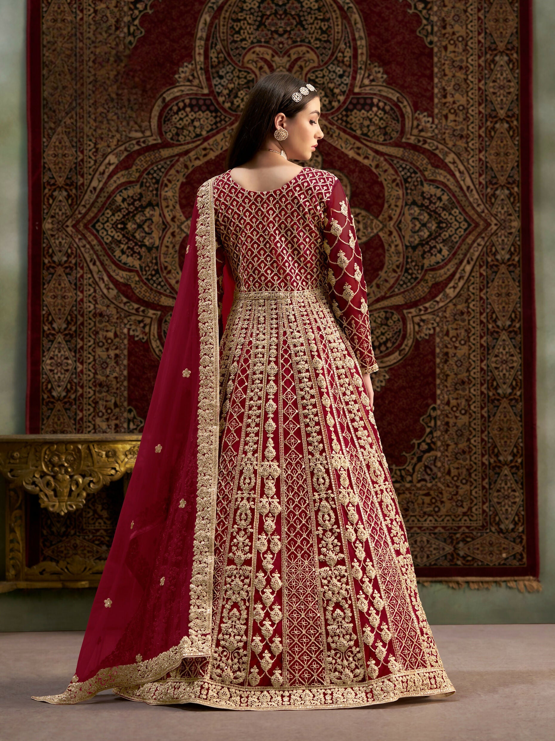 Anaita Maroon Embroidered Net Stitched Anarkali Suit | Grocsy