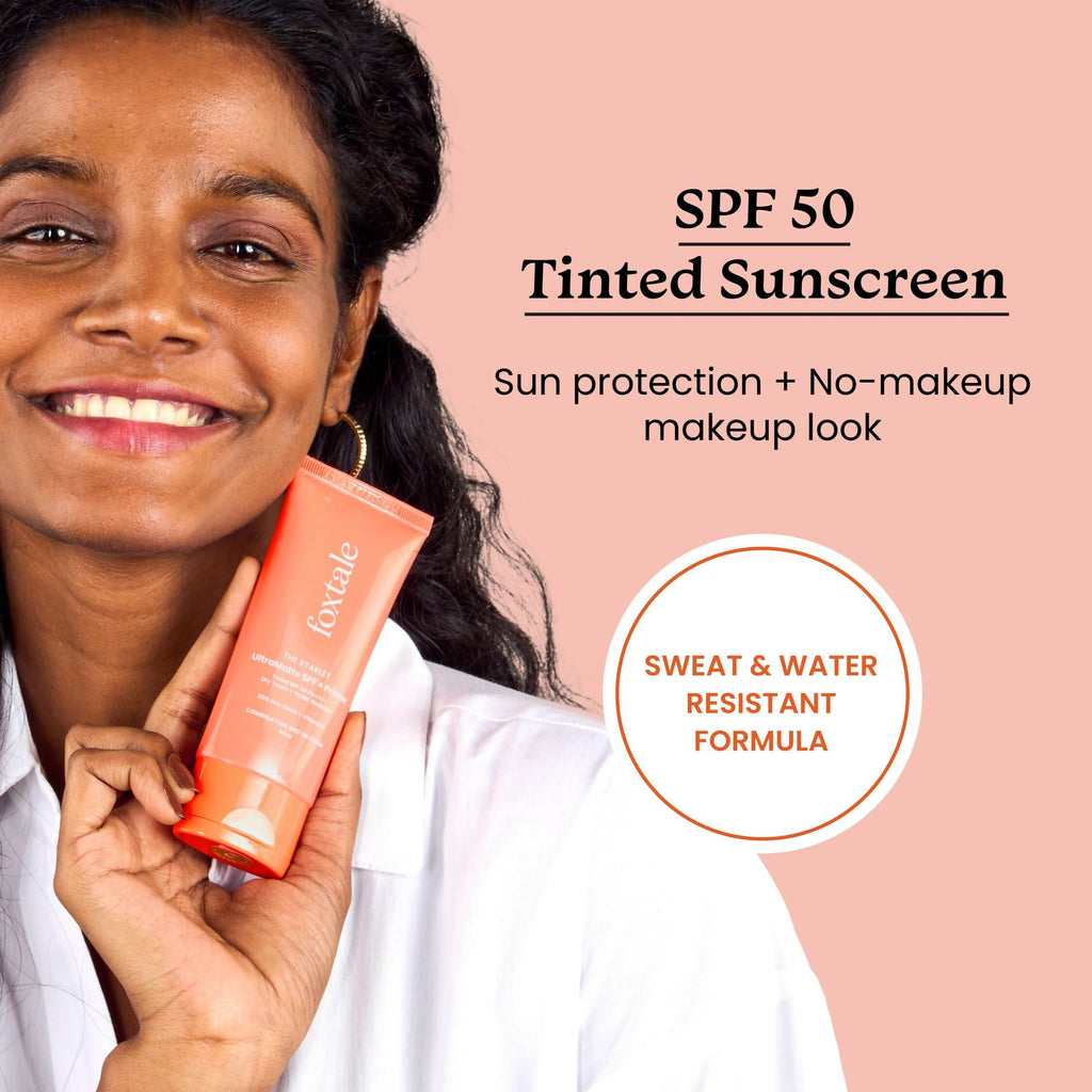 Foxtale Tinted Sunscreen SPF 50 PA++++ & Primer Shade 1 - Deep, Water Resistant with Dry-Touch Finish, Blurs Out Pores | Grocsy