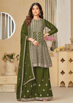 Chinnon Olive Green Embroidered Palazzo Salwar Suit - Emponline | Grocsy