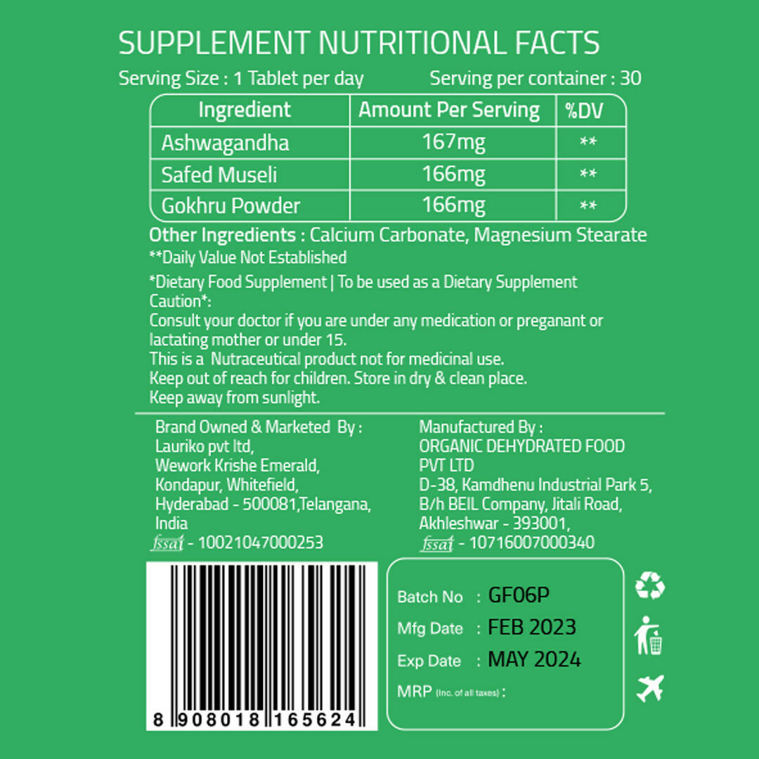 Laurik Ashwagandha Tablets With 5% Withanolides Ashwagandha For Natural Vitality For Men & Women | Grocsy