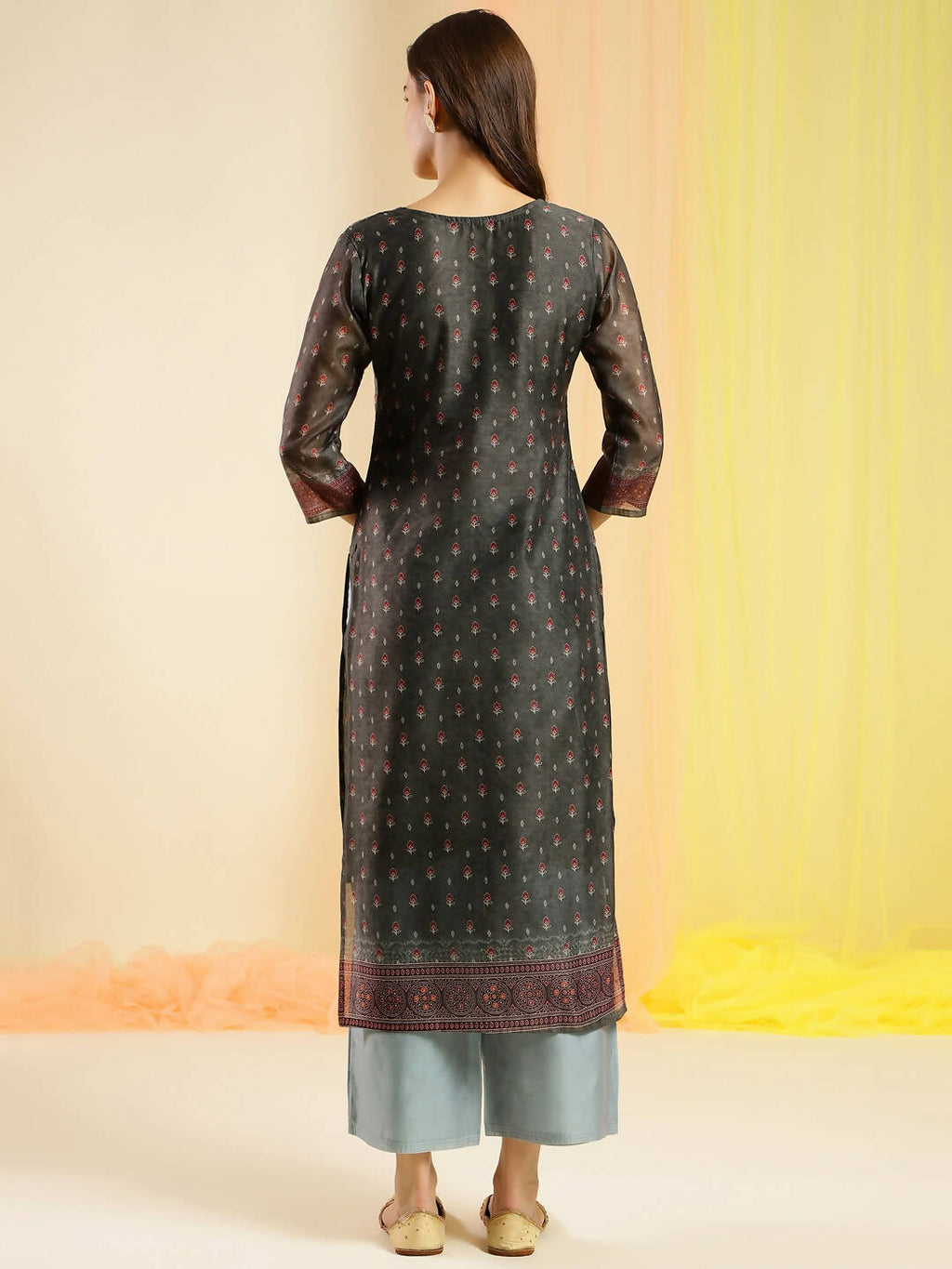Dark Green Chinon Digital Printed With Hand Work Kurta - Himanshi | Grocsy