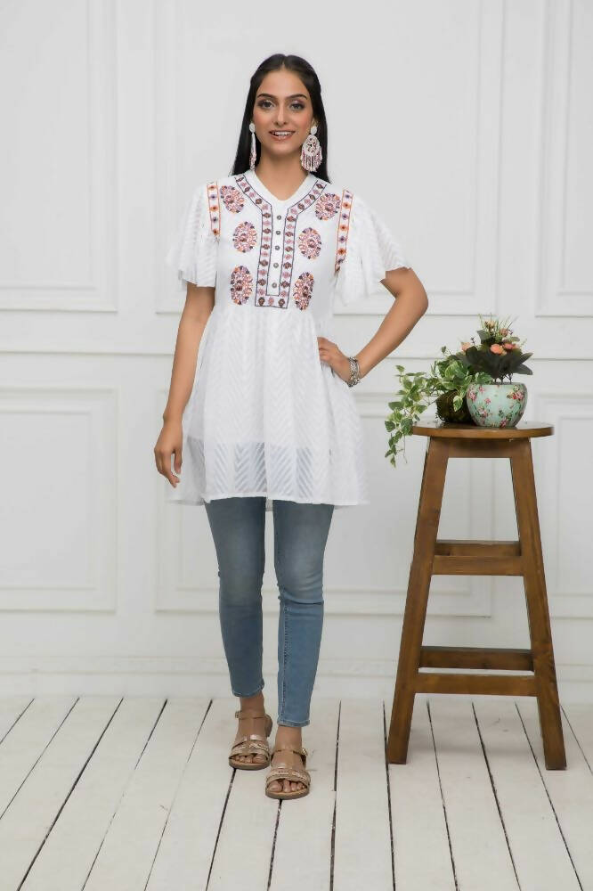Myshka Women Solid V-Neck Flared Sleeves Synthetic Georgette White Top | Grocsy