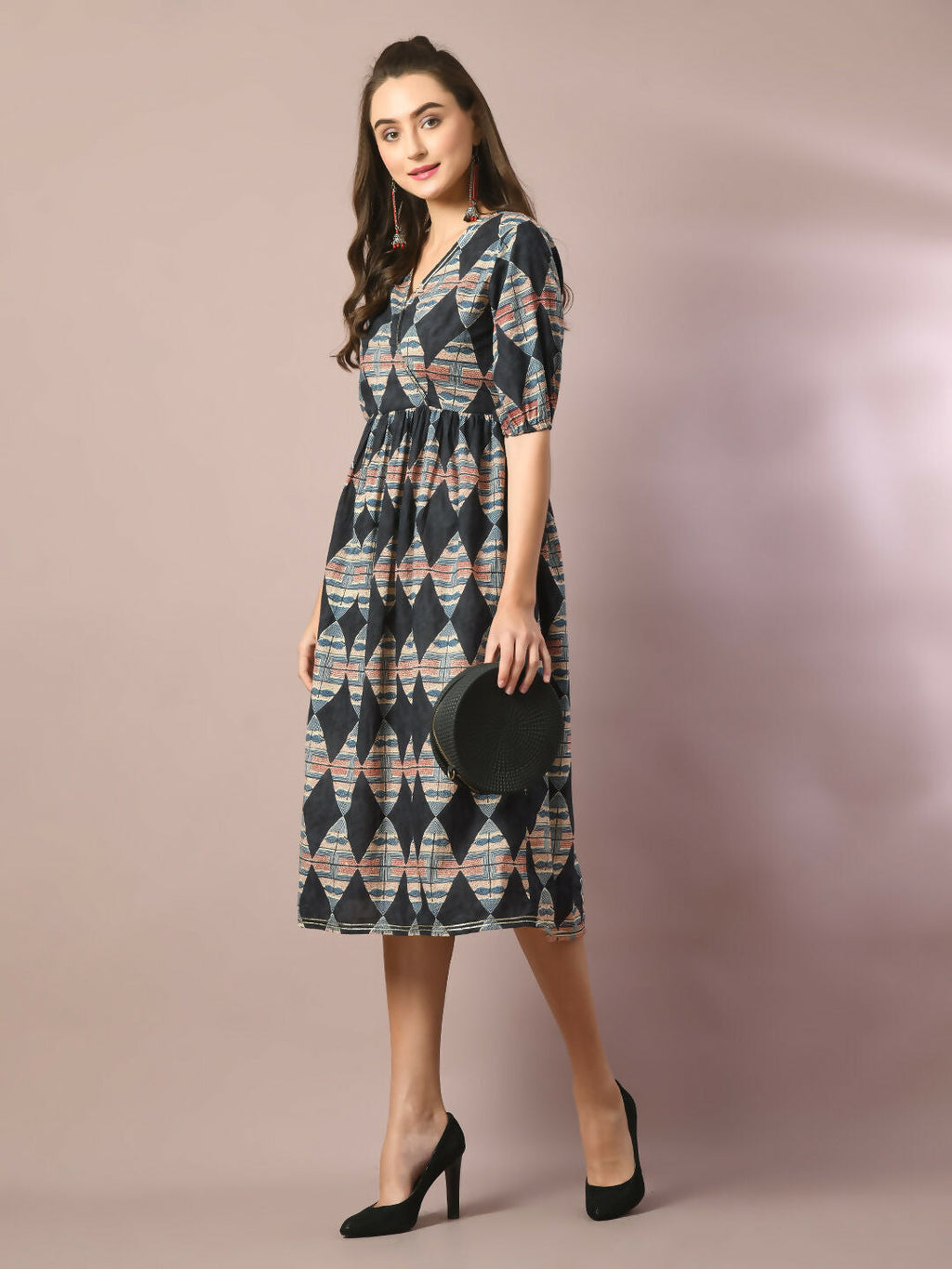 Myshka Women's Multi Printed Cotton V-Neck Empire Party Dress | Grocsy