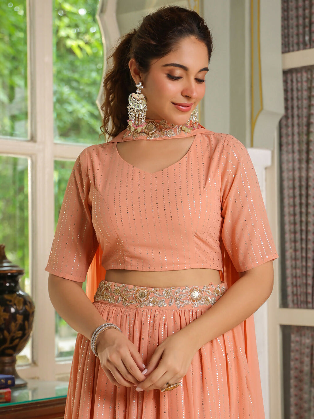 Janasya Peach Georgette Foil Print Lehenga Choli Dupatta | Grocsy