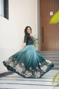 Vastranavya Teal Faux Blooming With Beads Embroidered work and Rich Floral Pedding Digital Print Gown | Grocsy