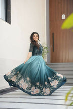 Vastranavya Teal Faux Blooming With Beads Embroidered work and Rich Floral Pedding Digital Print Gown | Grocsy