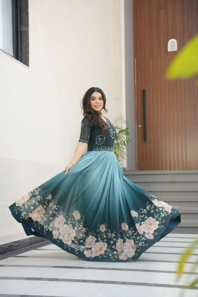 Vastranavya Teal Faux Blooming With Beads Embroidered work and Rich Floral Pedding Digital Print Gown | Grocsy