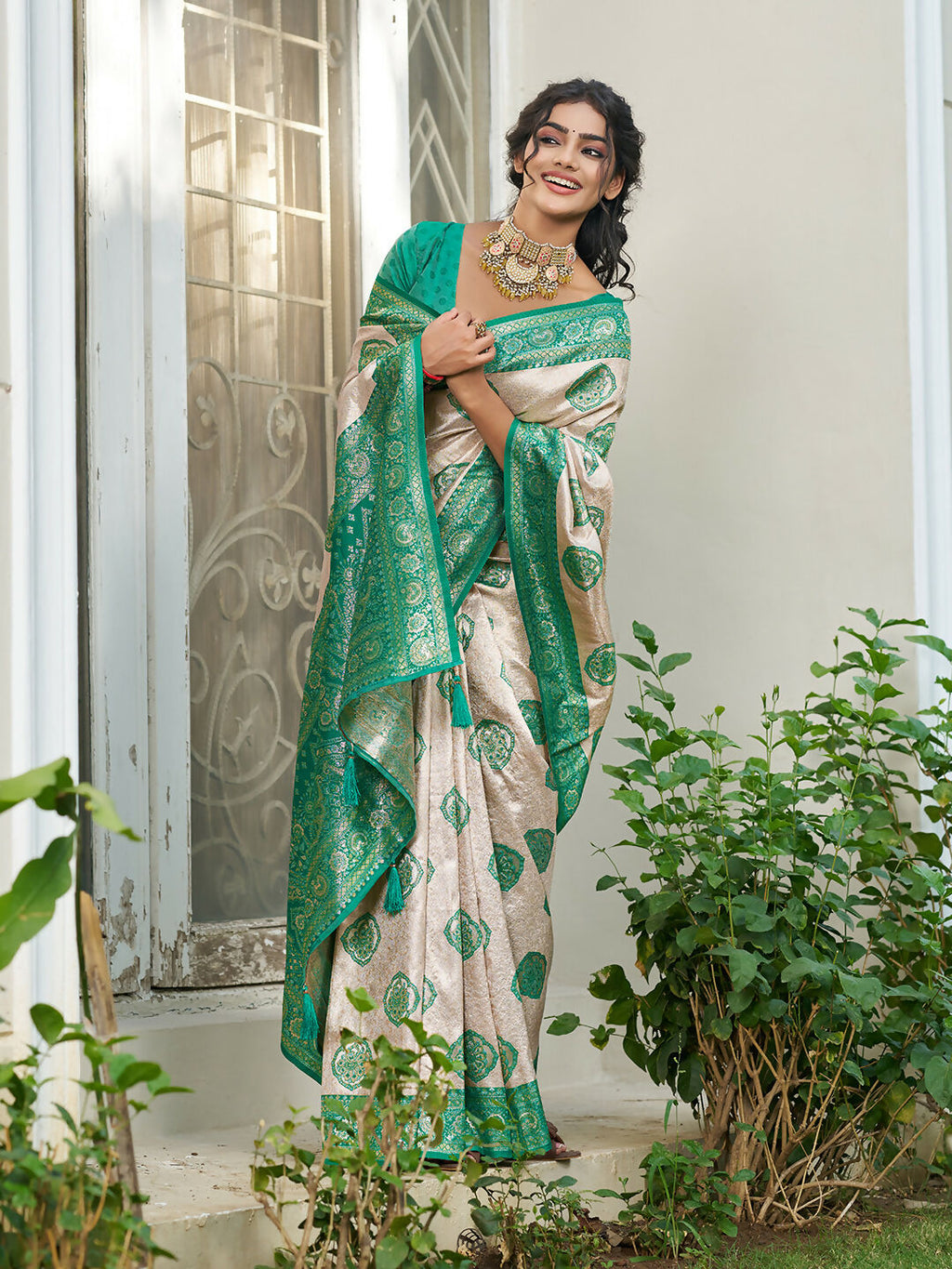 Shree Shyam Fashion Cream With Sea Green Silk Blend Saree | Grocsy