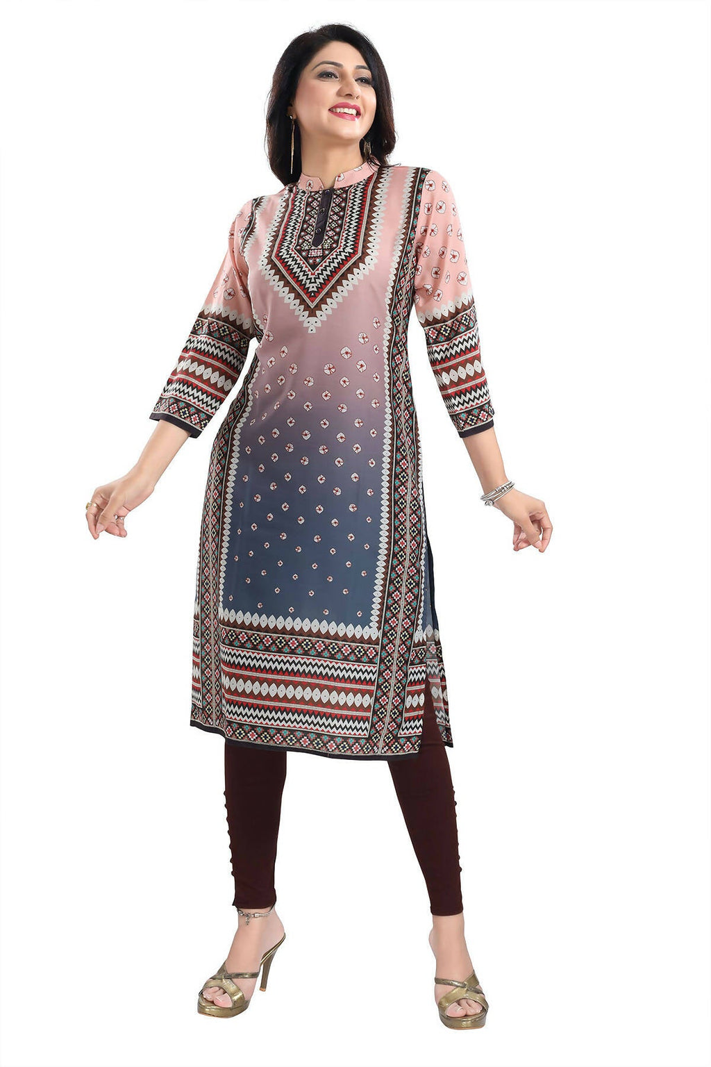 Snehal Creations Pinky Peach Designer Digital Print Masleen Fabric Long Kurti Tunic | Grocsy