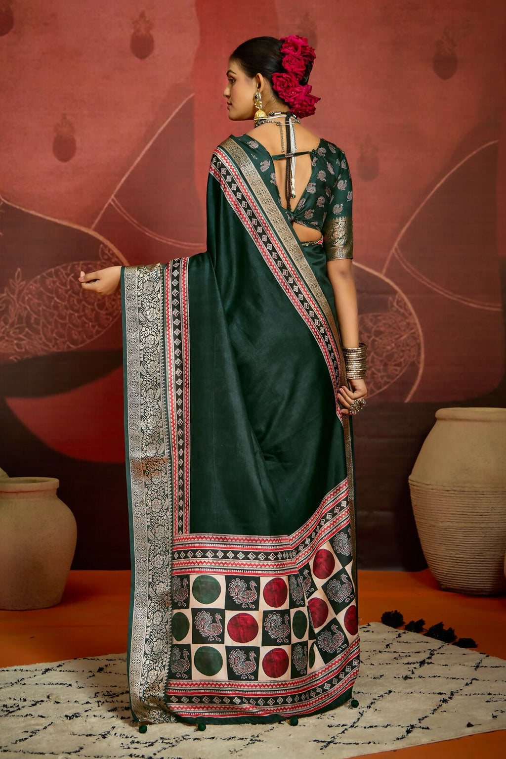 Joban Fashion Green Art Silk With Fine Viscose Border Ajrak Full Body Print With Soft Finish Saree | Grocsy