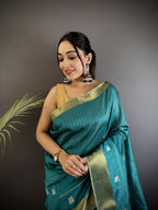 Joban Fashion Sea Green Bhagalpuri Cotton Silk Stripes/Box Saree | Grocsy