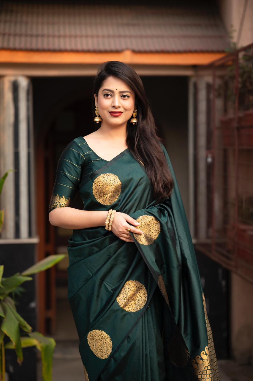 Green Silk Woven Saree with Unstitched Blouse - Hiral Fashion | Grocsy