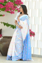 Beatitude White Slub Cotton Floral Jamdani Saree | Grocsy