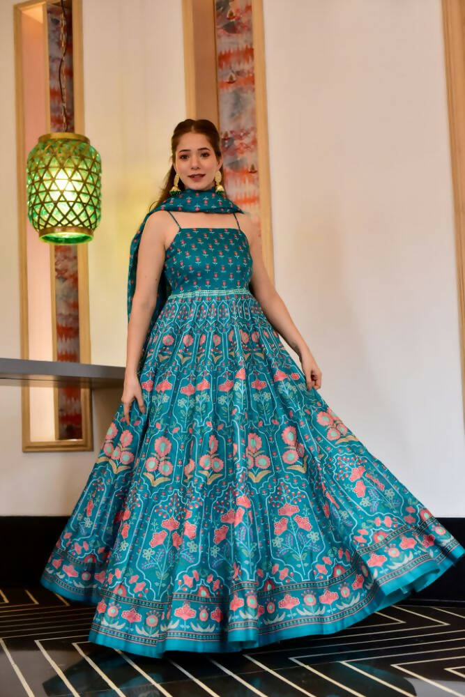 Partywear Designer Light Steel Blue Pure Maslin Gown - Anbazaar | Grocsy