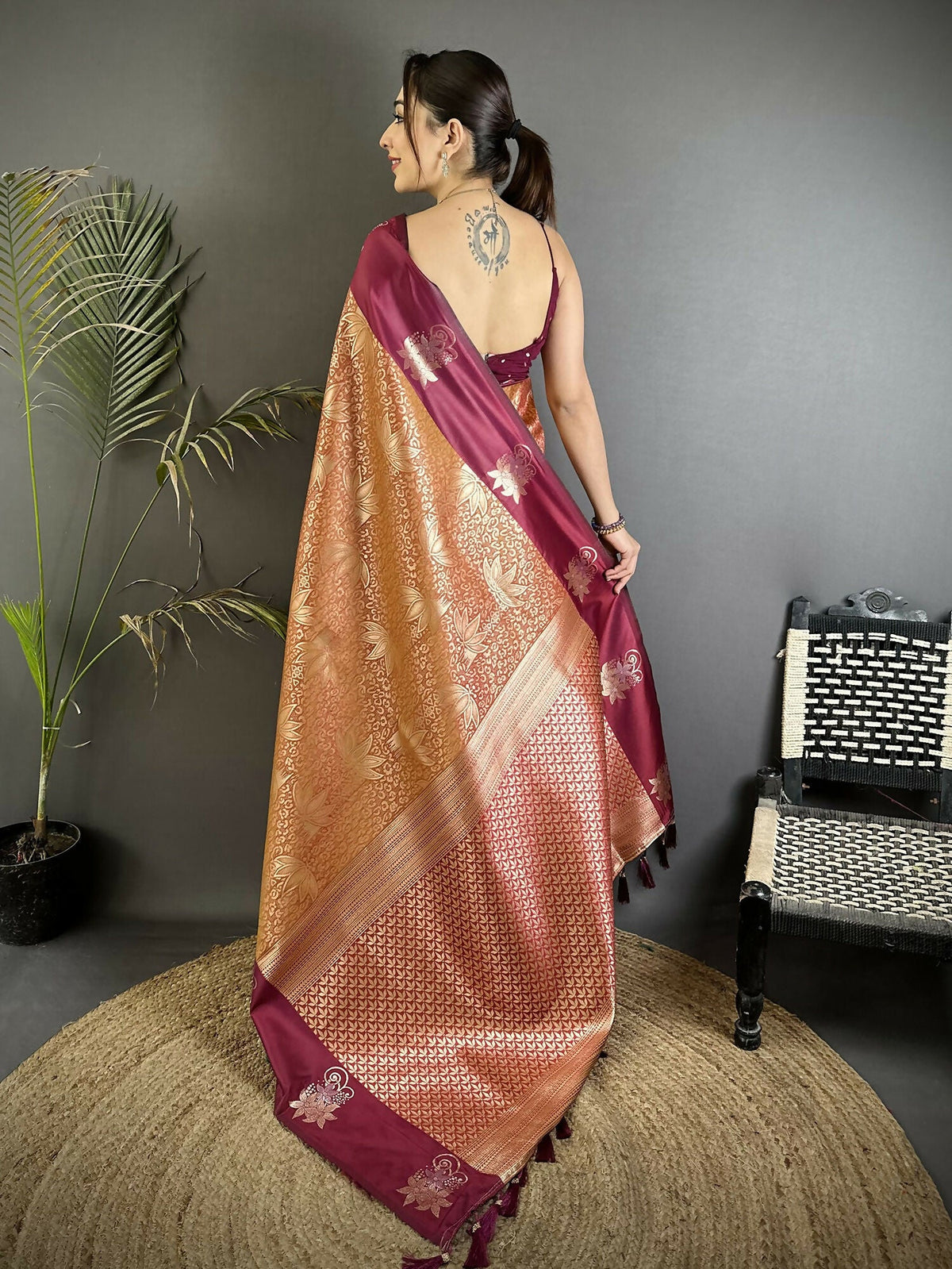 Joban Fashion Wine Intricate Zari Weaving Soft Silk Dharmavaram Saree | Grocsy