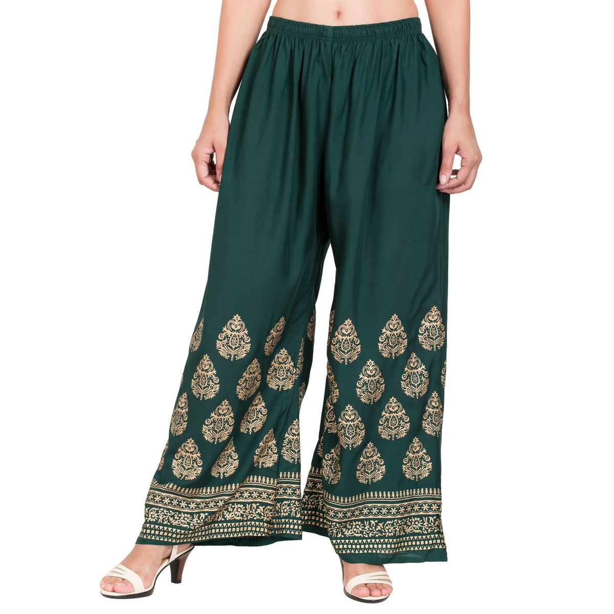 PAVONINE Bottle Green Color Golden Printed Rayon Fabric Sharara For Women & Girls | Grocsy