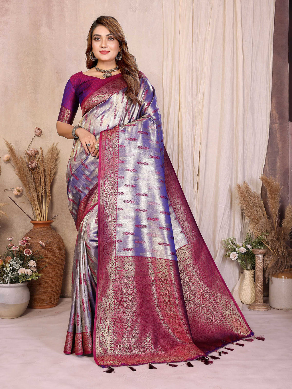 Aastha Fashion Purple Tissue Silk Paithani Woven Saree | Grocsy