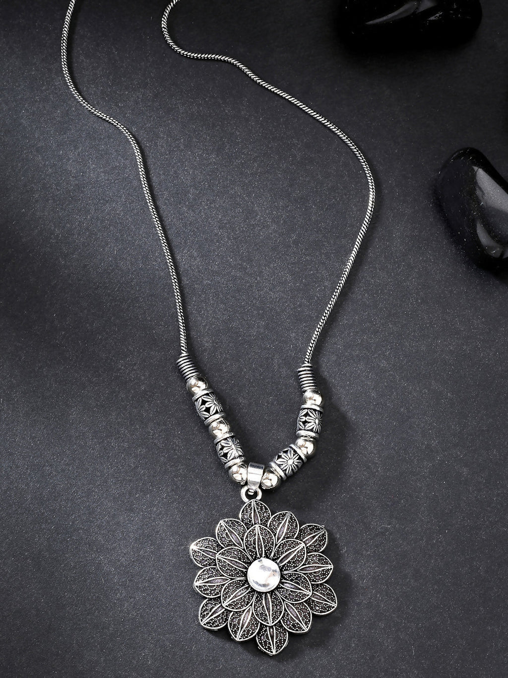 NVR Women's Silver-Toned Decent Floral Shape Pendant with Chain | Grocsy